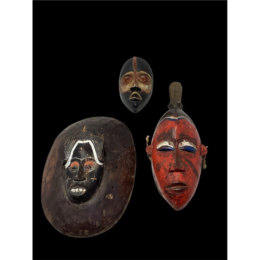 Lot of 3 African Tribal Carved Wood Masks Multicolor Wall Decor